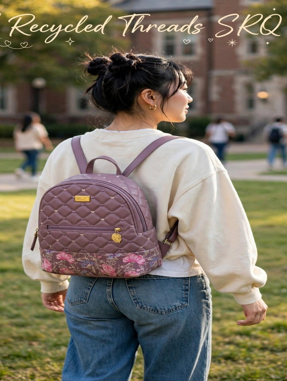 Betsey Johnson Quilted Floral Accent Backpack Purse Mauve Heart Stitching
